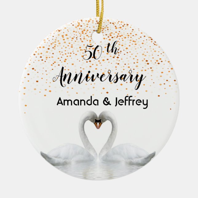 Décoration En Céramique 50e anniversaire du mariage d'or cygnes blancs (Devant)