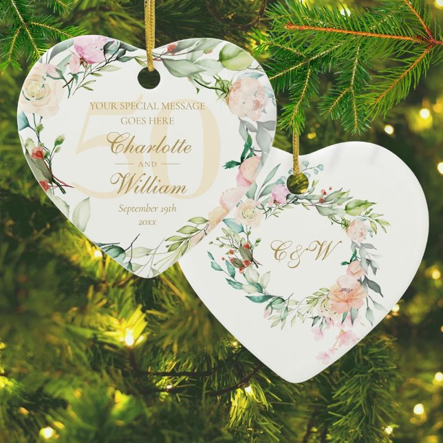 Décoration En Céramique 50th Golden Anniversary Floral Monogram (50th Golden Wedding Anniversary Floral Monogram Ceramic Ornament)