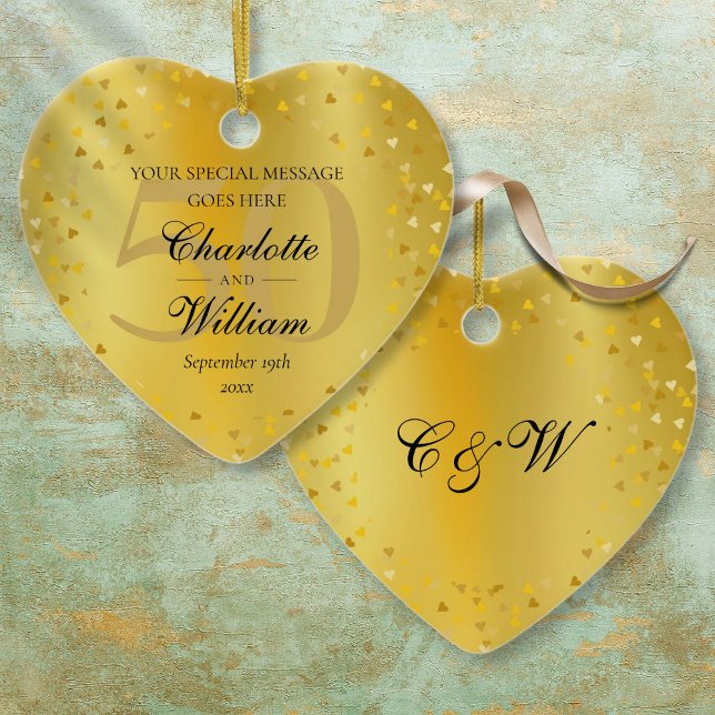 Décoration En Céramique 50th Wedding Anniversary Monogram Gold Hearts  (50th Wedding Anniversary Monogram Gold Hearts Ceramic Ornament)