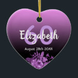 Décoration En Céramique 60e anniversaire violet noir nom floral<br><div class="desc">Ornement glamour pour un 60ème anniversaire avec élégant et moderne noir et rose,  dégradé violet,  fond sombre. Avec un cadre en faux or,  et des fleurs à l'eau couleur violet et violet. Modèles pour nom,  âge et date,  lettres blanches et violettes.</div>