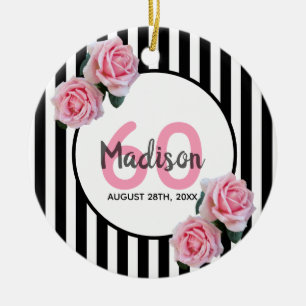 Décoration En Céramique 60th birthday black stripes pink rose