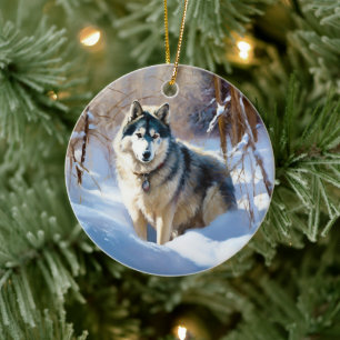 Décoration En Céramique Aaskan Malamute Laisser Il Neige Noël
