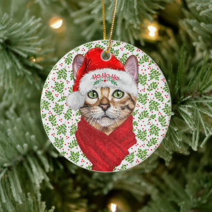 Décoration En Céramique Abyssinian Chat Ho Ho Ho Santa Hat Meowen Noël