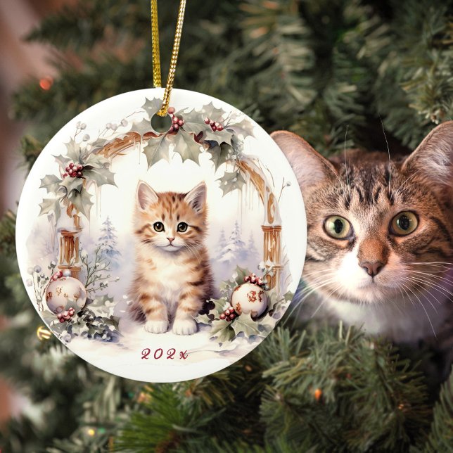 Décoration En Céramique adorable animal chaton de Noël (Cute tabby kitten personalized Christmas ornament for cat lovers)
