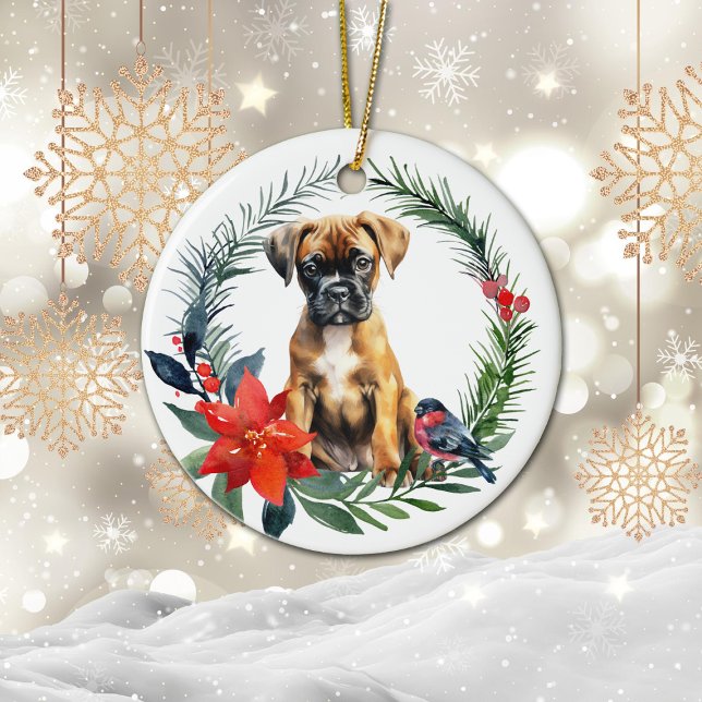 Décoration En Céramique Adorable Boxer Puppy Aquarelle Poinsettia (Créateur téléchargé)