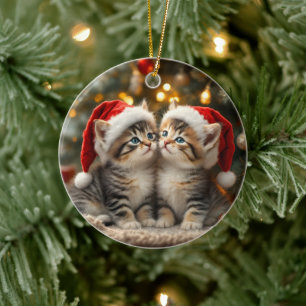 Décoration En Céramique Adorable chaton de Noël avec des chapeaux de Père
