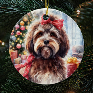Décoration En Céramique Adorable Chien Havanais Brown avec Bow rouge Noël