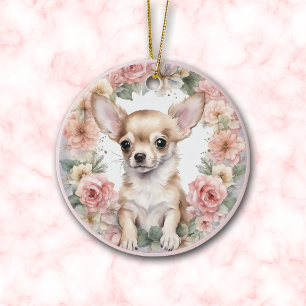Décoration En Céramique Adorable Chihuahua Puppy Rose Floral Noël