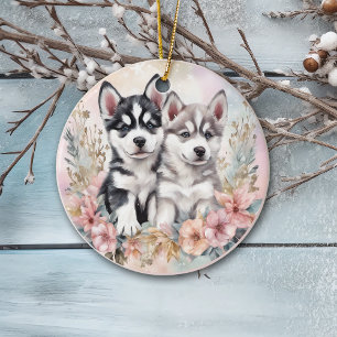 Décoration En Céramique adorable Chiots Husky Pink Floral Noël