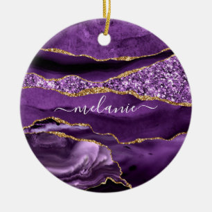 Décoration En Céramique Agate Purple Violet Gold Glitter Geode Custom Name