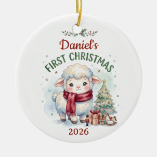 Décoration En Céramique Agneau aquarelle bébé premier Noël personnalisé