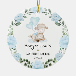 Décoration En Céramique Agneau mignon bleu Floral Wreath Baby Pâques