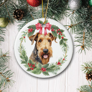 Décoration En Céramique Airedale Terrier Chien Red Bow Holly Wreath