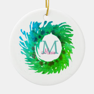Décoration En Céramique Ajouter une couronne de Noël vert rose monogramme