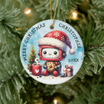 Décoration En Céramique Ajouter Votre Nom Joyeux Robot De Noël<br><div class="desc">Créez un ornement personnalisé unique avec les salutations Joyeux Noël et un robot mignon portant un chapeau de Père Noël, tenant un biscuit, assis près d'un arbre de Noël, une tasse de cacao chaud et une boîte cadeau. Ce design est sur un arrière - plan bleu pastel enneigé avec des...</div>