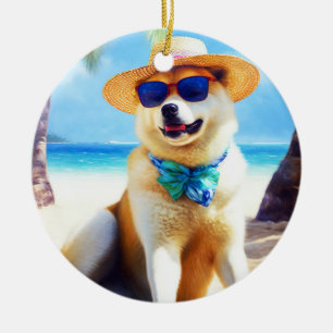 Décoration En Céramique Akita sur la plage, cadeau d'été pour les amoureux