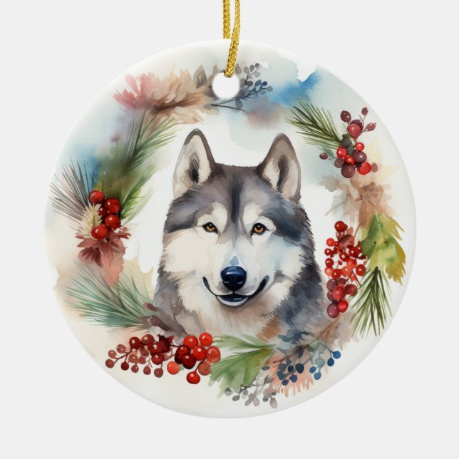 Décoration En Céramique Alaskan Malamute Festive de la couronne de Noël (Devant)