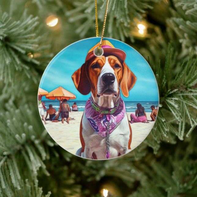Décoration En Céramique American English Foxhound on Beach, cadeau d'été (Arbre)