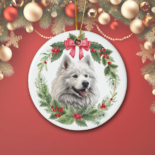 Décoration En Céramique American Eskimo Chien Red Bow Holly Wreath