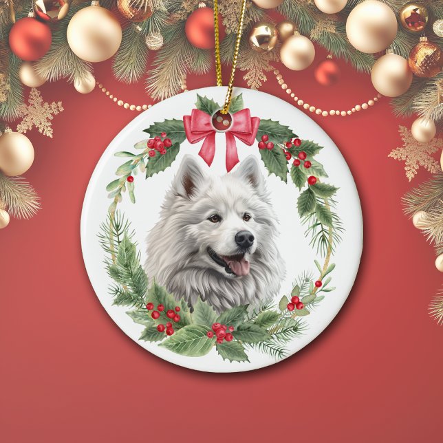 Décoration En Céramique American Eskimo Chien Red Bow Holly Wreath (Créateur téléchargé)