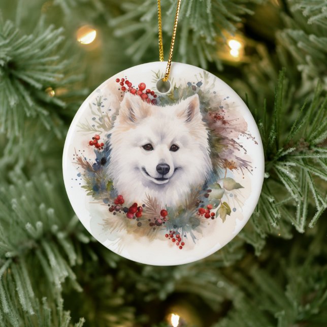 Décoration En Céramique American Eskimo Christmas Wreath Festive Pup (Arbre)