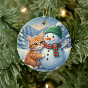 Décoration En Céramique Amis du chat et du bonhomme de neige Noël Compagno