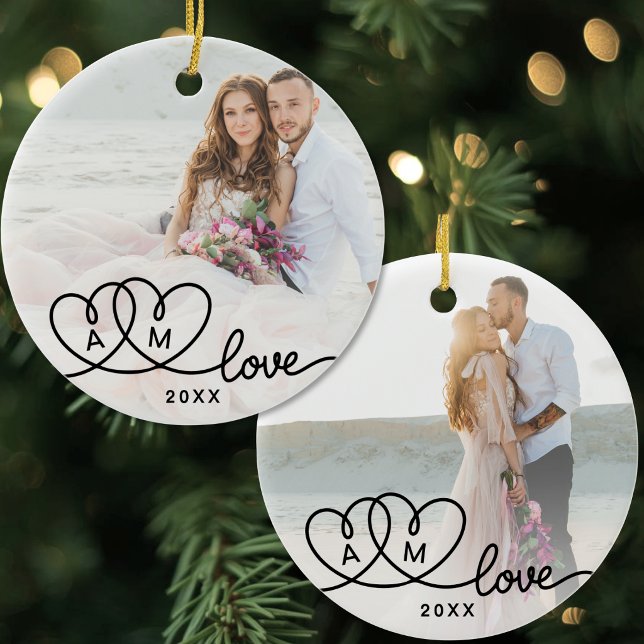Décoration En Céramique Amour de script deux photos recto-verso (Double Sided Two Photo Script Love Ceramic Ornament)