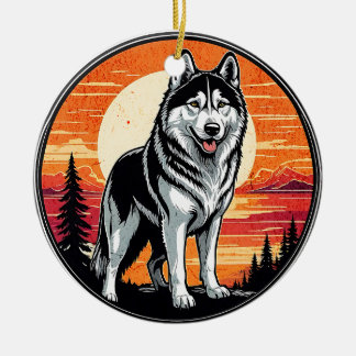 Décoration En Céramique Amoureux du Husky Rétro Coucher de Soleil Chien