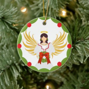 Décoration En Céramique Ange de Noël moderne Red Green Holly Wreath 2024