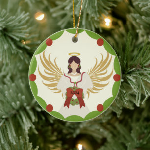 Décoration En Céramique Ange de Noël Rouge Vert Holly Année 2024