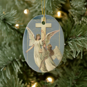 Décoration En Céramique Anges victoriens avec une croix, Pâques vintage