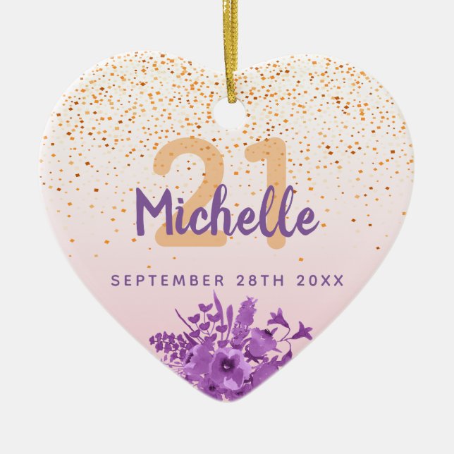 Décoration En Céramique Anniversaire bleu rose violet fleurons monogramme (Devant)