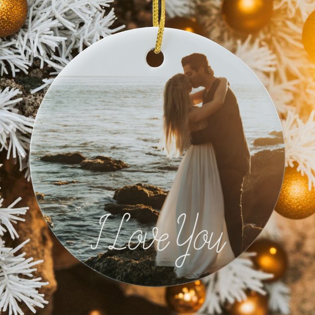 Décoration En Céramique Anniversaire de photos en couple moderne Script Ho (Modern Couple Photo Anniversary Script Holiday Ceramic Ornament)