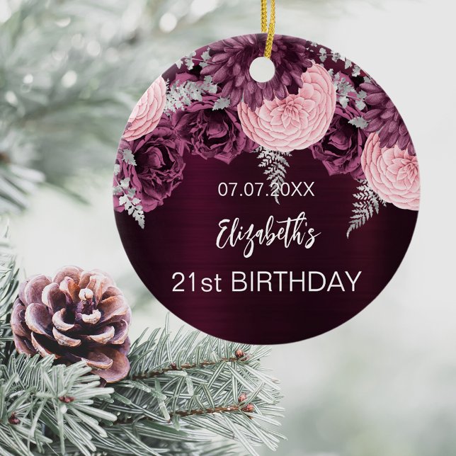 Décoration En Céramique Anniversaire des fleurs roses bordeaux nom (Créateur téléchargé)