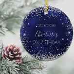 Décoration En Céramique Anniversaire marine bleu argent parties scintillan<br><div class="desc">Un ornement pour un 21e anniversaire girly et glamour (ou tout âge). Un arrière - plan bleu marine à la parties scintillant faux argentée brille. La couleur bleue est inégale. Sur le devant : Personnalisez et ajoutez une date,  un nom et un âge.</div>