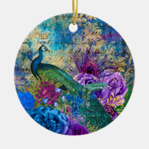 Décoration En Céramique Antique Illustrated Peacock & Flowers Grunge