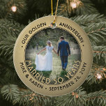 Décoration En Céramique Any Text 2 Photo Golden 50th Wedding Anniversary<br><div class="desc">Celebrate a joyful golden 50th wedding anniversary with a custom 2 photo "Married 50 Years" black and gold round ceramic ornament. All text and images on this template are simple to personalize and can be different or the same on front and back. (IMAGE & TEXT DESIGN TIPS: 1) To adjust...</div>