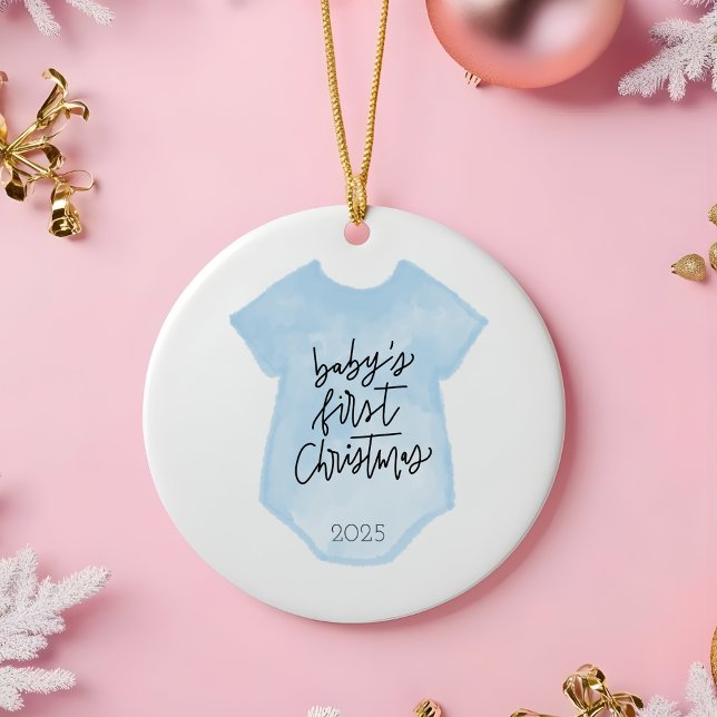 Décoration En Céramique Aquarelle Baby Boy's First Christmas Ornament (Baby's First Christmas Ornament | Custom Blue Onesie Keepsake | Personalized Holiday Gift)