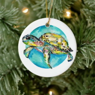 Décoration En Céramique Aquarelle bleue de la tortue bleue