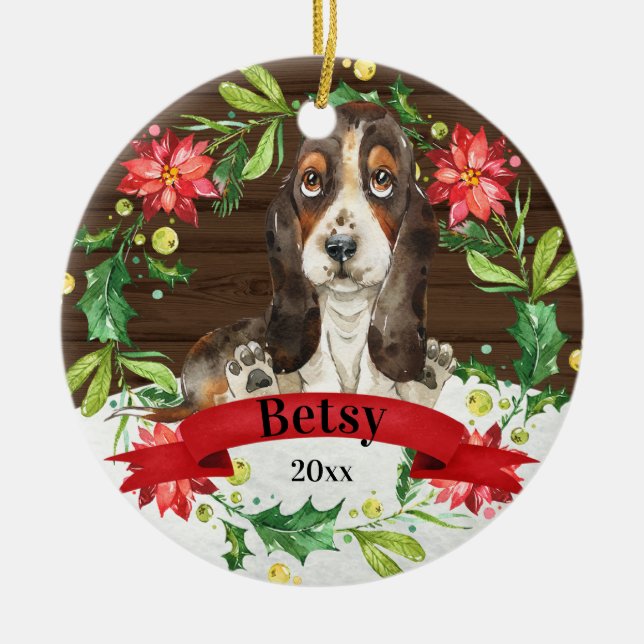 Décoration En Céramique Aquarelle Brown Basset Hound mignonne Chien Noël (Devant)