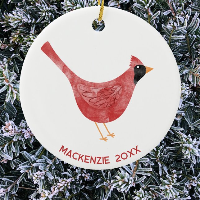 Décoration En Céramique Aquarelle cardinale Festive Oiseau Année personnal (Fun Cardinal bird red and white watercolor personalized name and year ceramic Christmas ornament)