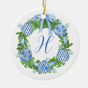 Décoration En Céramique Aquarelle Chinoiserie Wreath Noël Monogramme