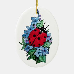 Décoration En Céramique Aquarelle Cute Ladybird Avec Fleurs Bleues Sauvage