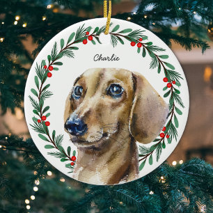 Décoration En Céramique Aquarelle Dachshund couronne de vacances personnal