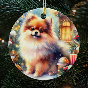 Décoration En Céramique Aquarelle de chien de Poméranie douce Noël
