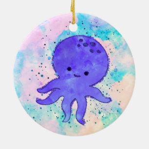 Décoration En Céramique Aquarelle de dessin bleu octopus