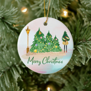Décoration En Céramique Aquarelle de Noël moderne Arbres verts