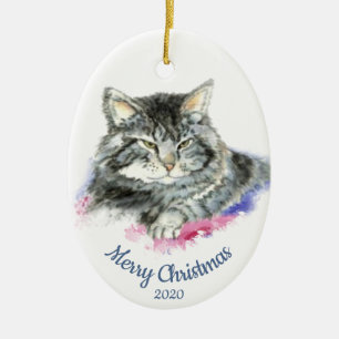 Décoration En Céramique Aquarelle de Noël personnalisée Tabby Cat