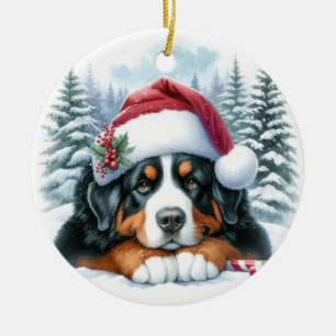 Décoration En Céramique Aquarelle du chien de montagne de Santa Hat