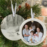 Décoration En Céramique Aquarelle du lac Winter Forest Photo personnalisée<br><div class="desc">Un ornement de Noël photo que vous pouvez personnaliser pour Nana et grand-père ou n'importe qui d'autre ! Le design a une scène d'aquarelle élégante sur un côté d'un lac de forêt d'hiver et un canard. L'autre côté a votre photo et vos noms ou tout autre texte personnalisé. Le modèle...</div>